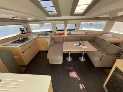 Salon of Alexandra III, a Fountaine Pajot Elba 45 catamaran at Municipal Unit of Rhodes, Greece