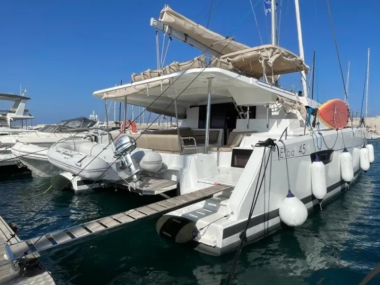 Exterior view of Alexandra III, a Fountaine Pajot Elba 45 catamaran at Municipal Unit of Rhodes, Greece