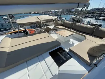 Deck of Alexandra III, a Fountaine Pajot Elba 45 catamaran at Municipal Unit of Rhodes, Greece