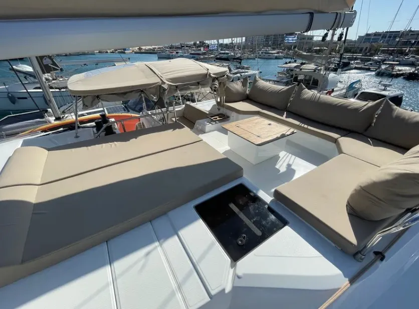 Deck of Alexandra III, a Fountaine Pajot Elba 45 catamaran at Municipal Unit of Rhodes, Greece