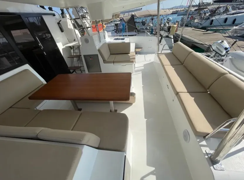 Deck of Alexandra III, a Fountaine Pajot Elba 45 catamaran at Municipal Unit of Rhodes, Greece