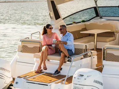 Deck of Joy, a Aquila 36 Sport motorboat at Cannigione, Italy