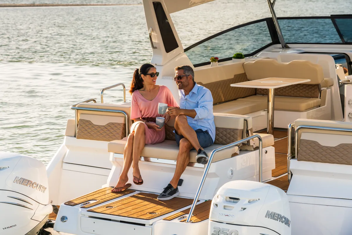 Deck of Joy, a Aquila 36 Sport motorboat at Cannigione, Italy
