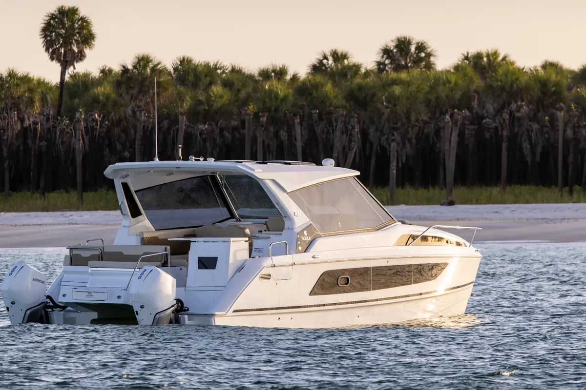 Exterior view of Joy, a Aquila 36 Sport motorboat at Cannigione, Italy