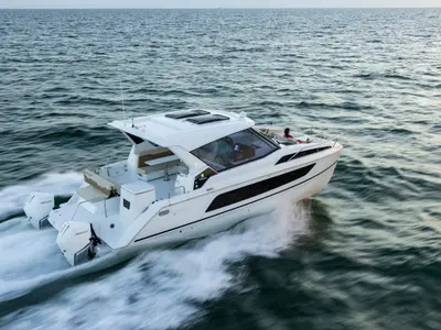 Exterior view of Joy, a Aquila 36 Sport motorboat at Cannigione, Italy