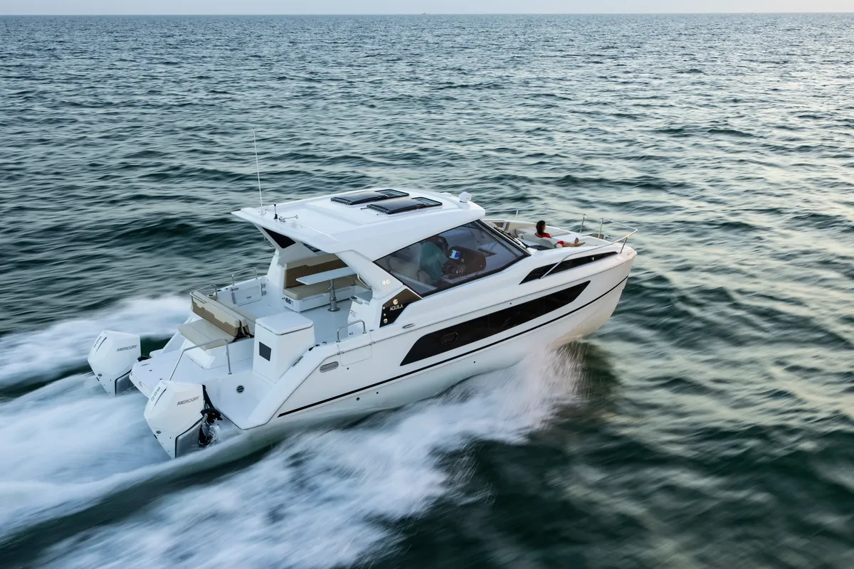 Exterior view of Joy, a Aquila 36 Sport motorboat at Cannigione, Italy