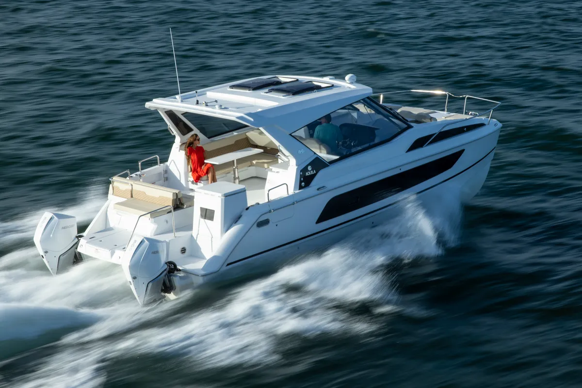 Exterior view of Joy, a Aquila 36 Sport motorboat at Cannigione, Italy