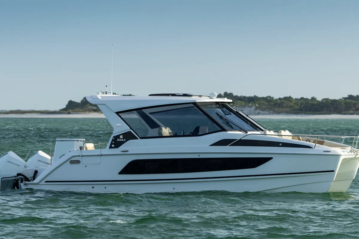 Exterior view of Joy, a Aquila 36 Sport motorboat at Cannigione, Italy