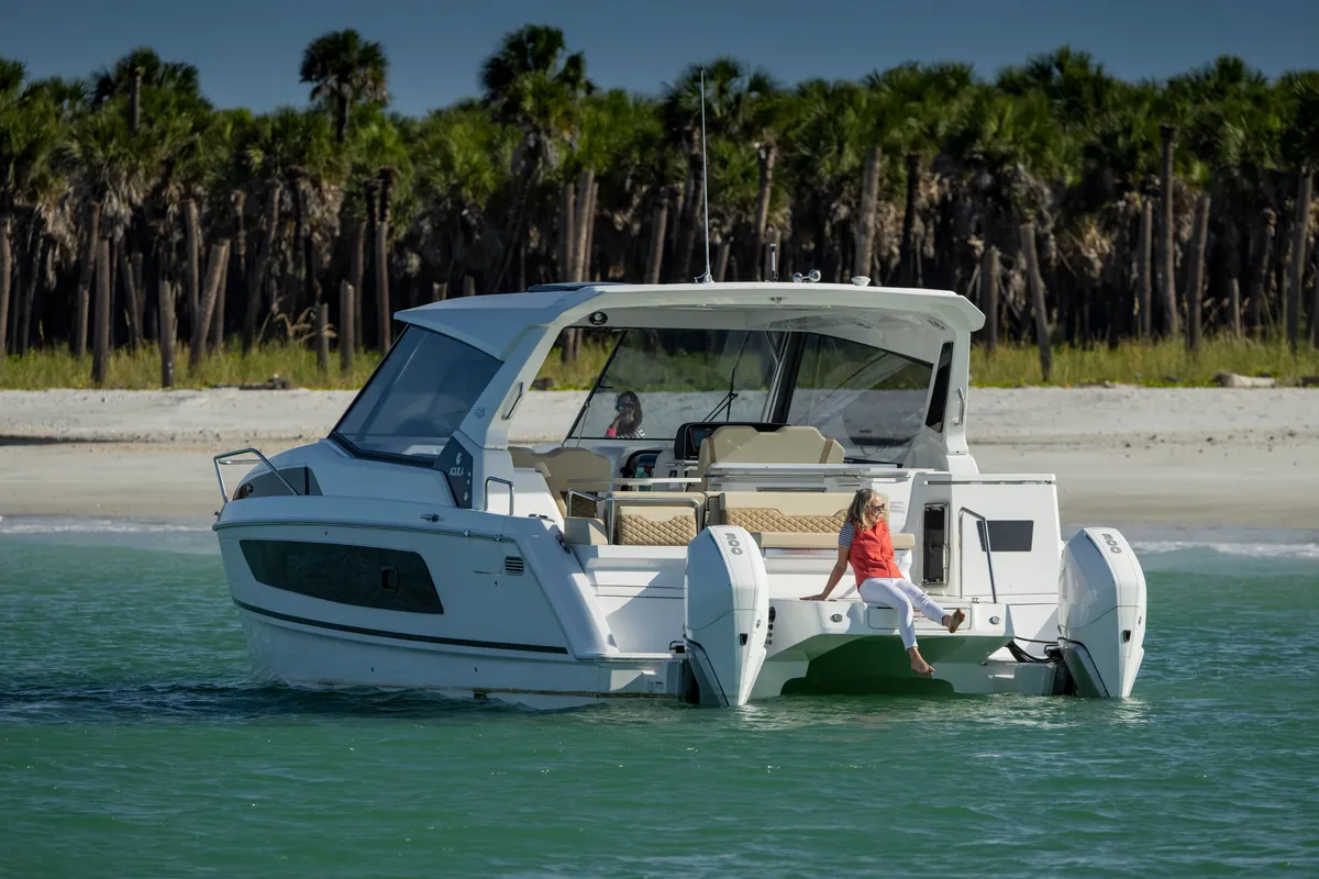 Exterior view of Joy, a Aquila 36 Sport motorboat at Cannigione, Italy