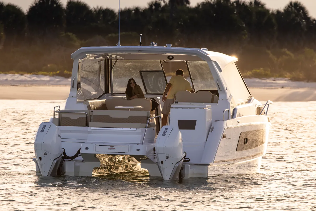 Exterior view of Joy, a Aquila 36 Sport motorboat at Cannigione, Italy