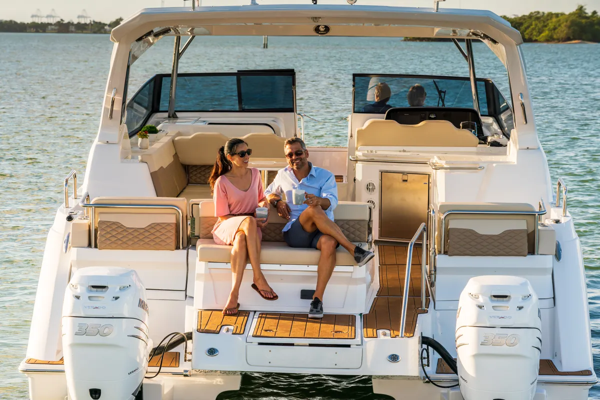 Deck of Joy, a Aquila 36 Sport motorboat at Cannigione, Italy