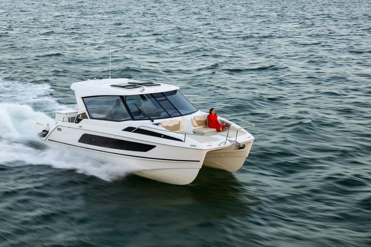 Exterior view of Joy, a Aquila 36 Sport motorboat at Cannigione, Italy