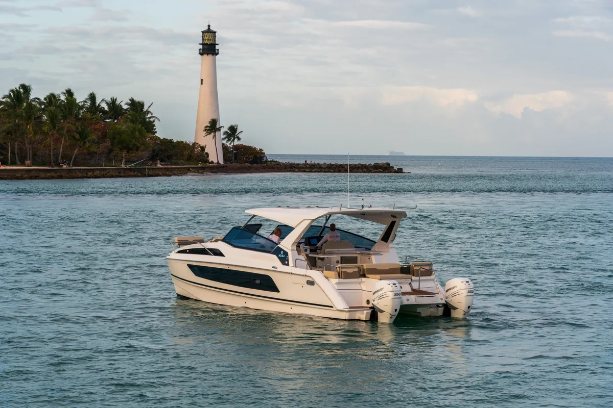 Exterior view of Joy, a Aquila 36 Sport motorboat at Cannigione, Italy