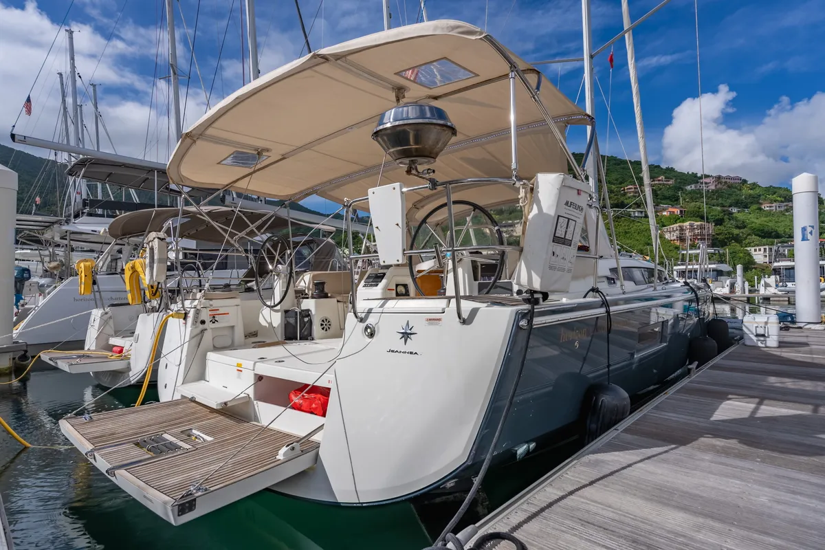 Deck of After Physics, a Jeanneau Sun Odyssey 490 sailboat at Road Town, British Virgin Islands