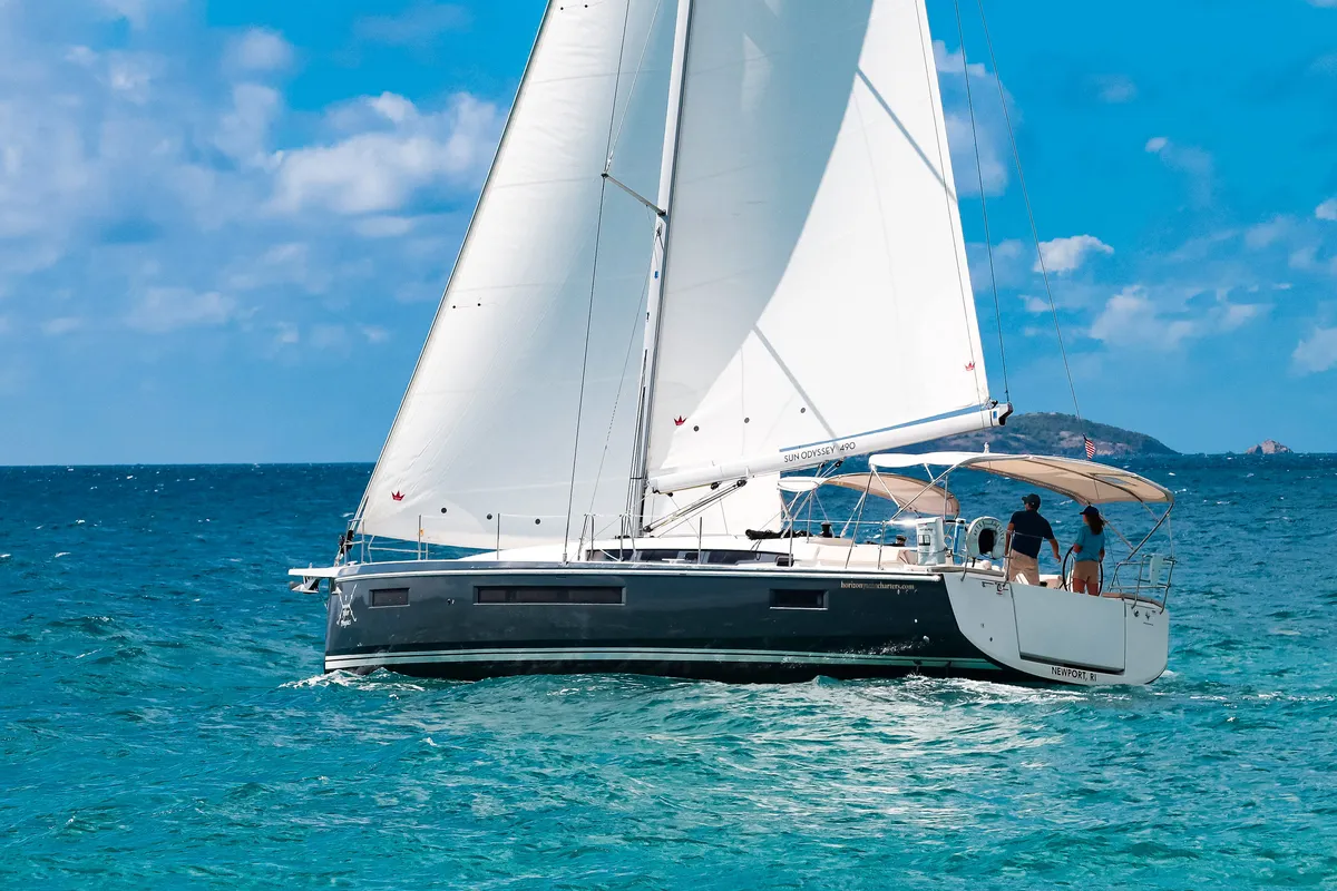 Exterior view of After Physics, a Jeanneau Sun Odyssey 490 sailboat at Road Town, British Virgin Islands