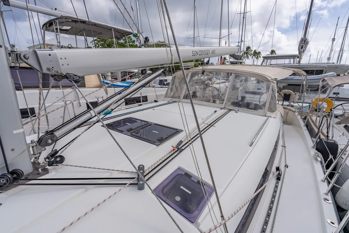 Deck of After Physics, a Jeanneau Sun Odyssey 490 sailboat at Road Town, British Virgin Islands