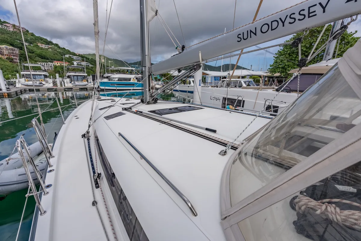 Deck of After Physics, a Jeanneau Sun Odyssey 490 sailboat at Road Town, British Virgin Islands