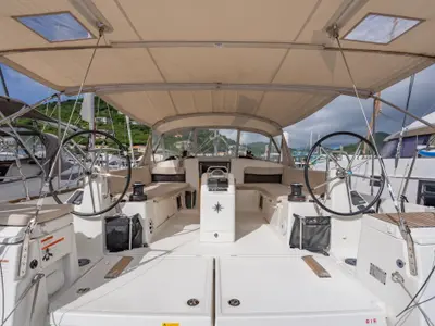 Cockpit of After Physics, a Jeanneau Sun Odyssey 490 sailboat at Road Town, British Virgin Islands