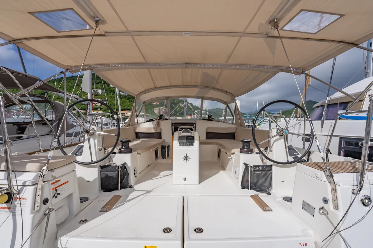 Cockpit of After Physics, a Jeanneau Sun Odyssey 490 sailboat at Road Town, British Virgin Islands