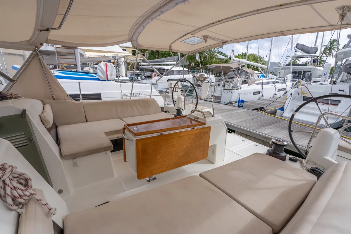 Cockpit of After Physics, a Jeanneau Sun Odyssey 490 sailboat at Road Town, British Virgin Islands