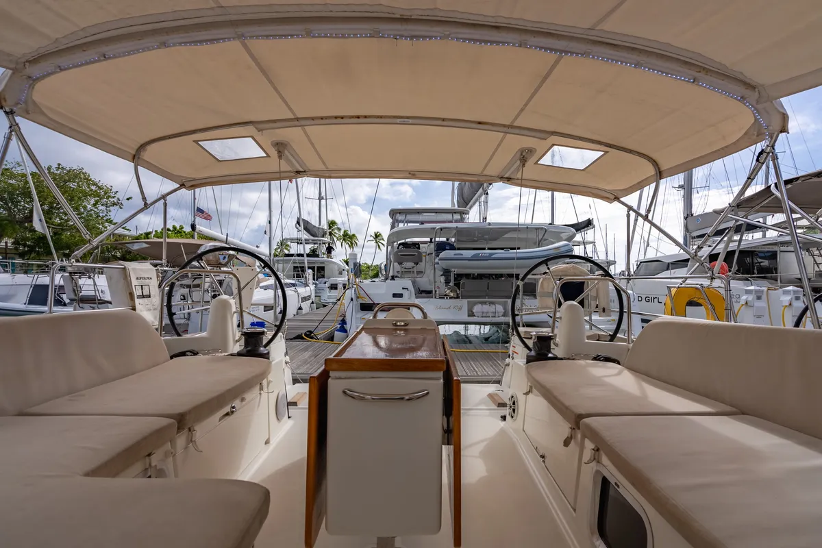 Cockpit of After Physics, a Jeanneau Sun Odyssey 490 sailboat at Road Town, British Virgin Islands