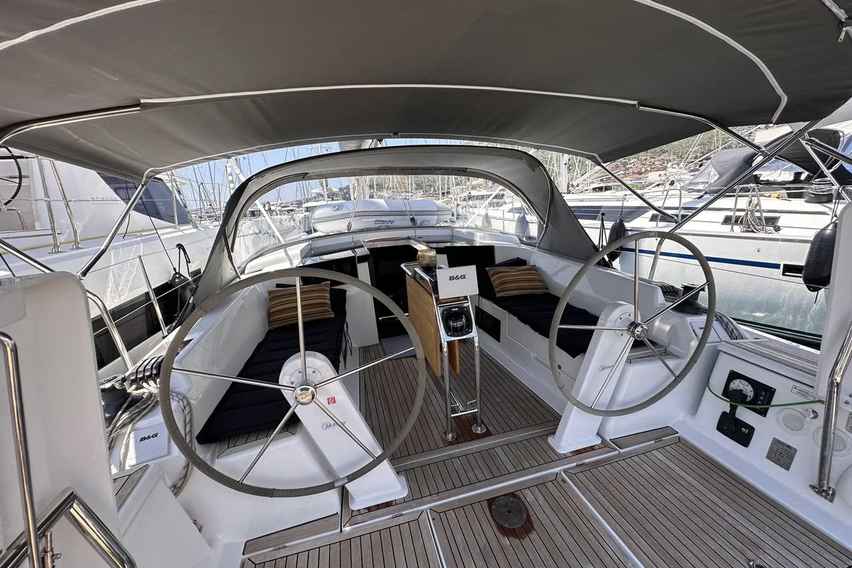 Cockpit of Calypso, a Hanse 388 sailboat at Seget Donji, Croatia