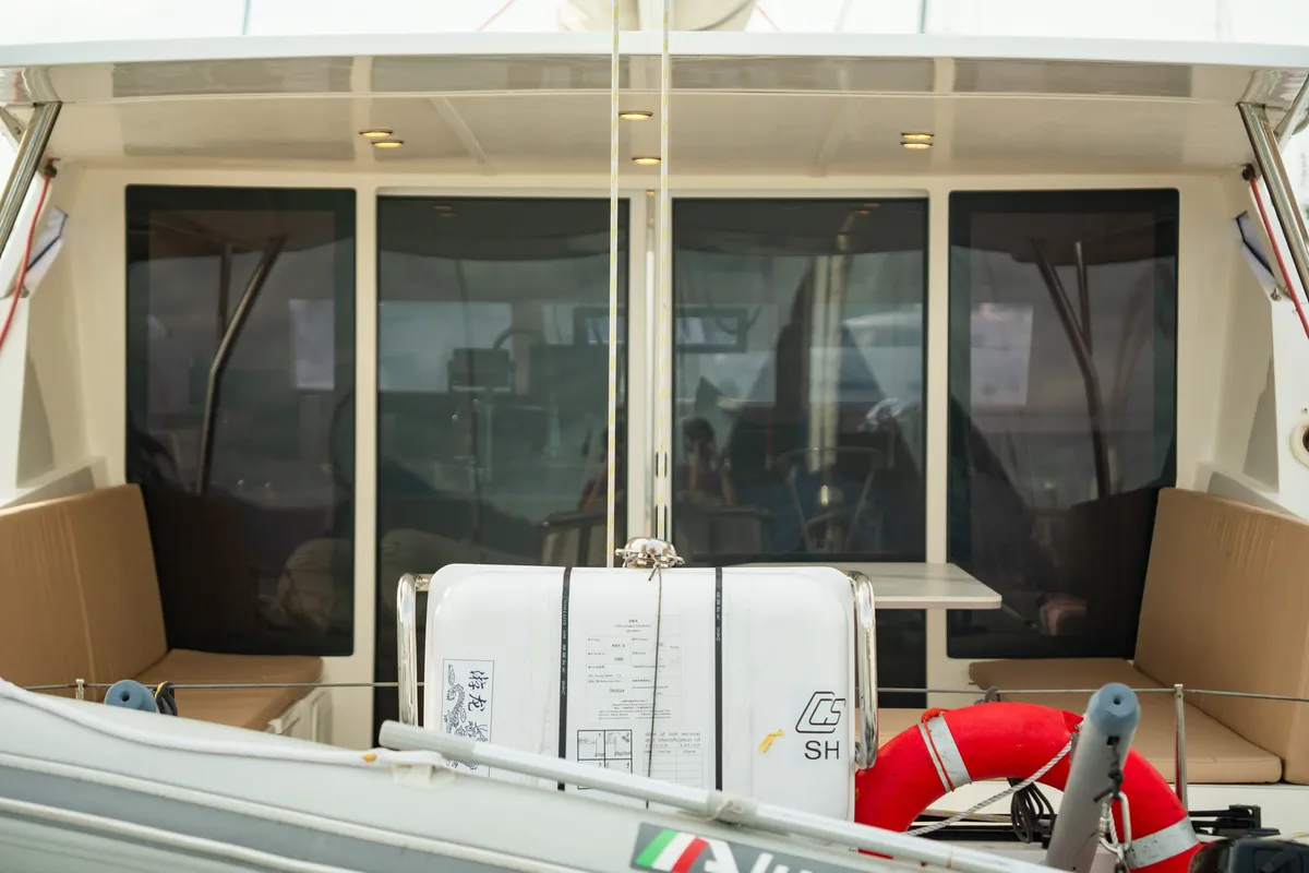 Deck of Andaman Discovery, a Comar Yachts Comet 37 catamaran at Mai Khao, Thailand