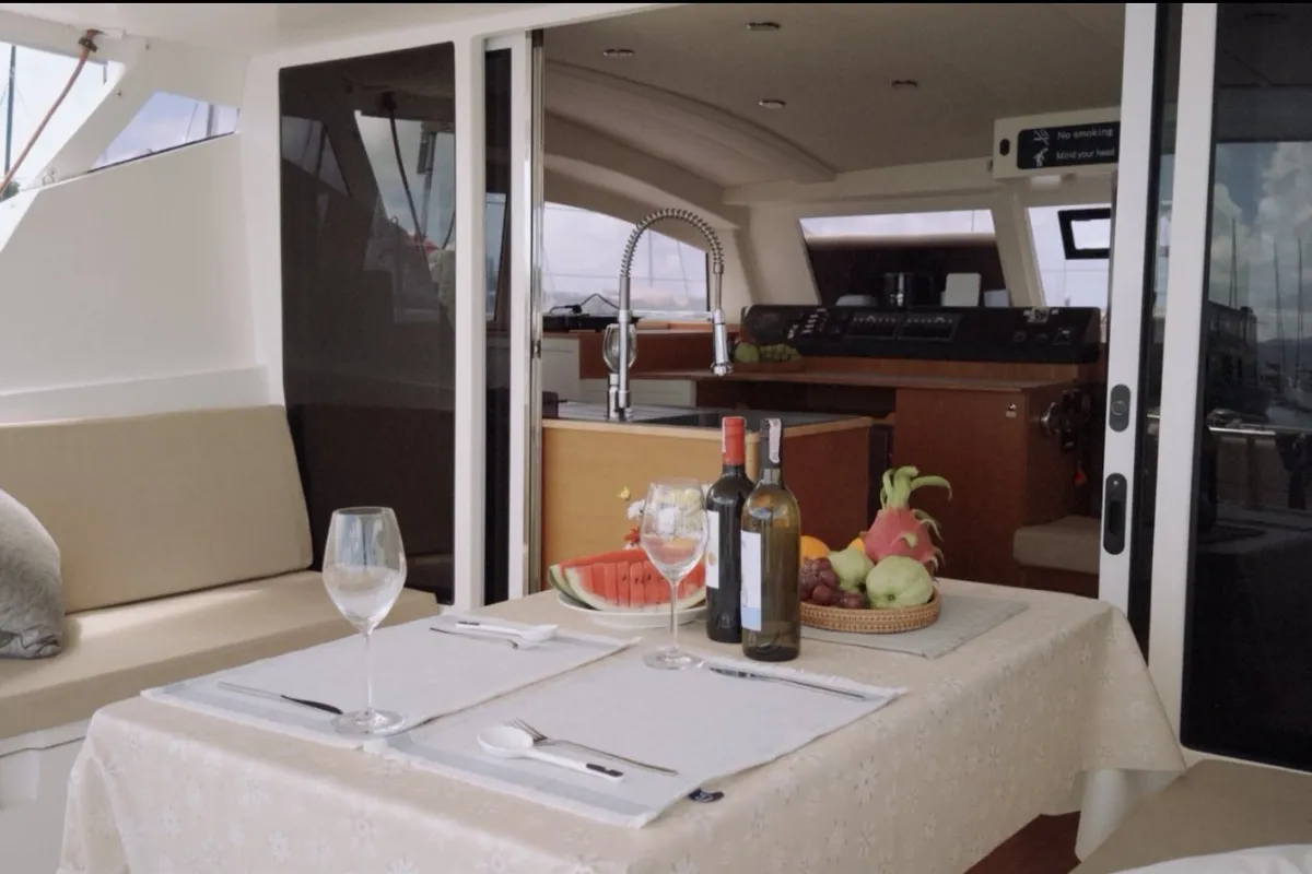 Deck of Andaman Discovery, a Comar Yachts Comet 37 catamaran at Mai Khao, Thailand
