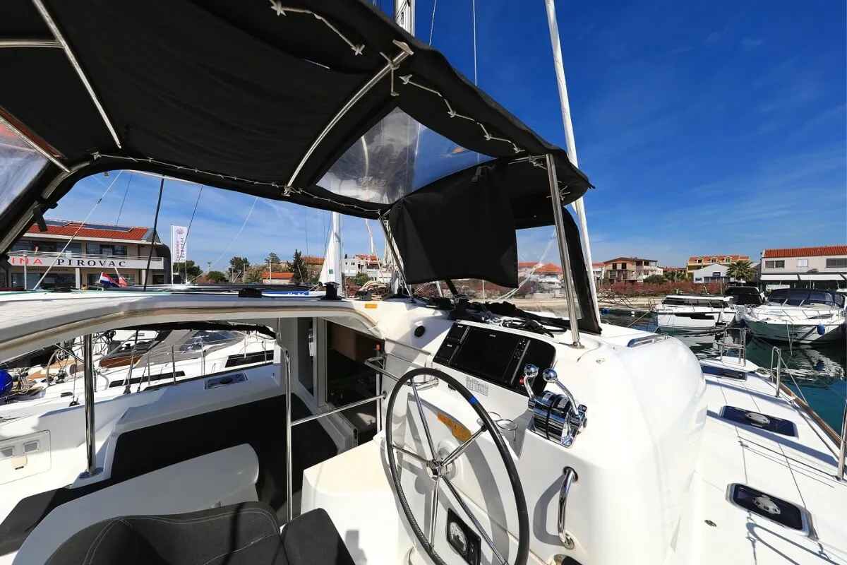 Cockpit of Liquid Spirit, a Lagoon 40 catamaran at Pirovac, Croatia