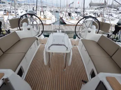 Cockpit of Geronimo, a Jeanneau Sun Odyssey 519 sailboat at Grad Kaštela, Croatia