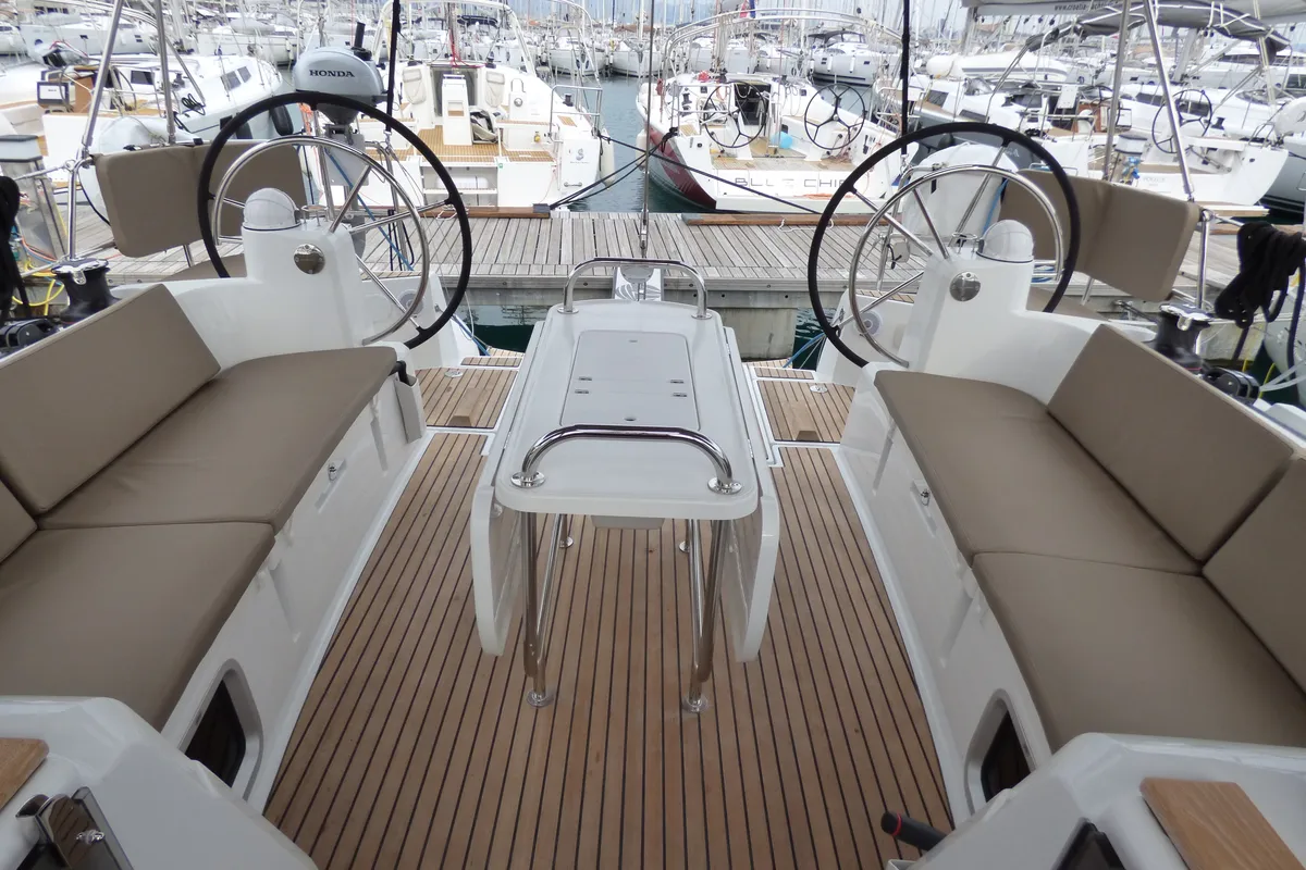 Cockpit of Geronimo, a Jeanneau Sun Odyssey 519 sailboat at Grad Kaštela, Croatia