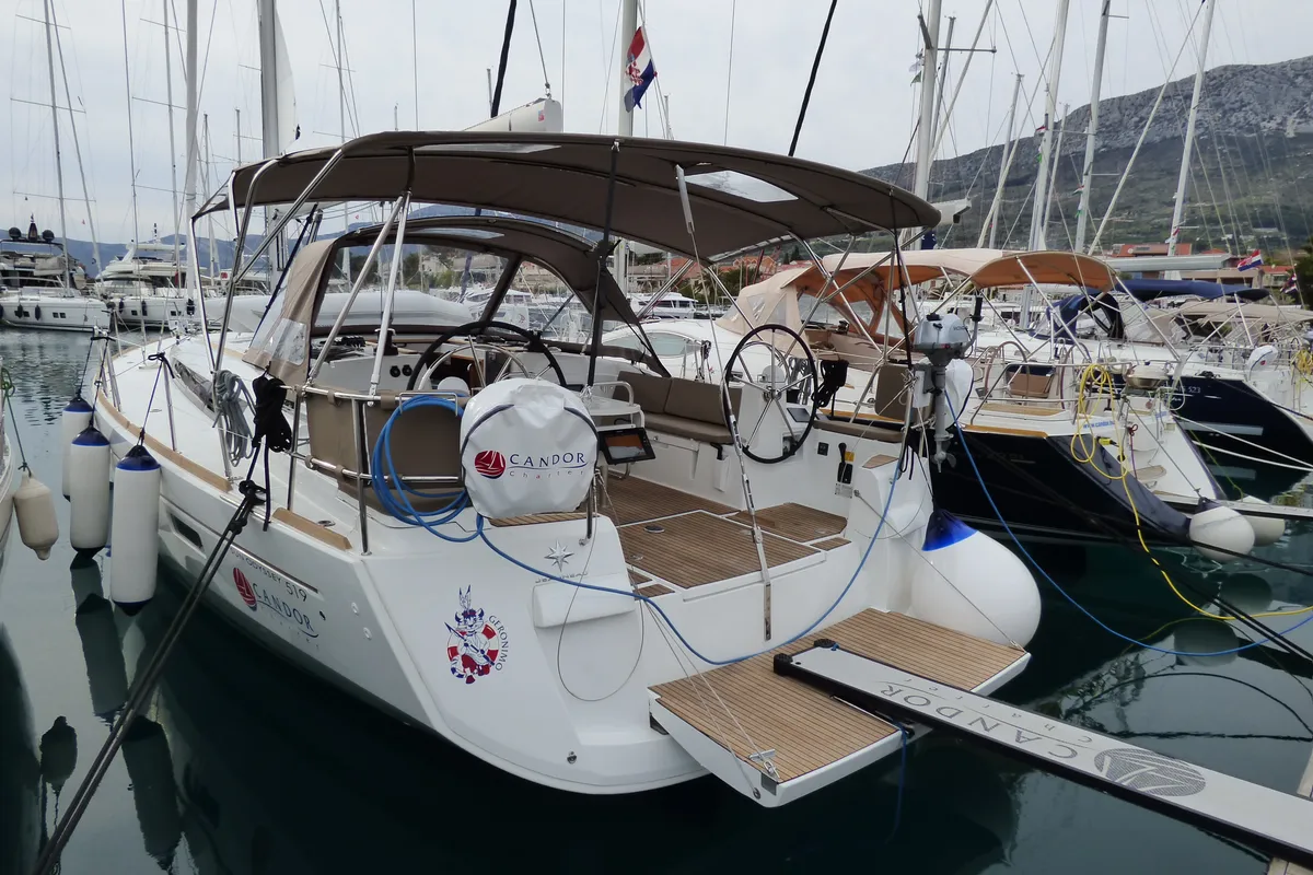 Exterior view of Geronimo, a Jeanneau Sun Odyssey 519 sailboat at Grad Kaštela, Croatia