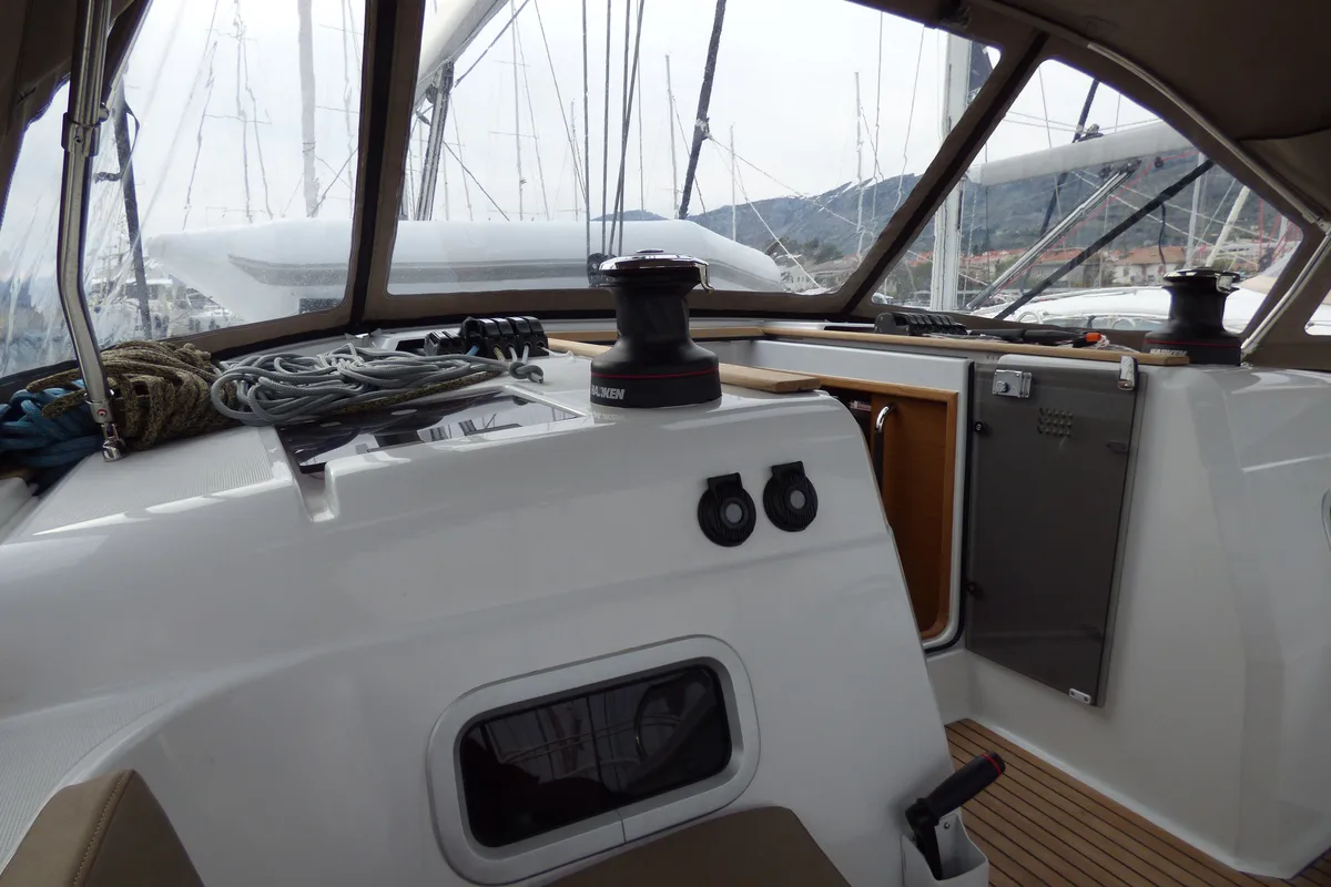 Cockpit of Geronimo, a Jeanneau Sun Odyssey 519 sailboat at Grad Kaštela, Croatia