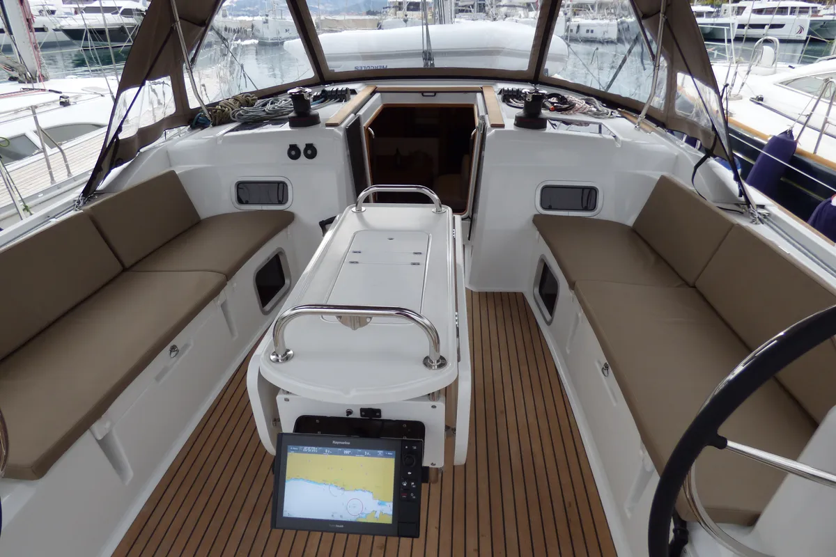 Cockpit of Geronimo, a Jeanneau Sun Odyssey 519 sailboat at Grad Kaštela, Croatia