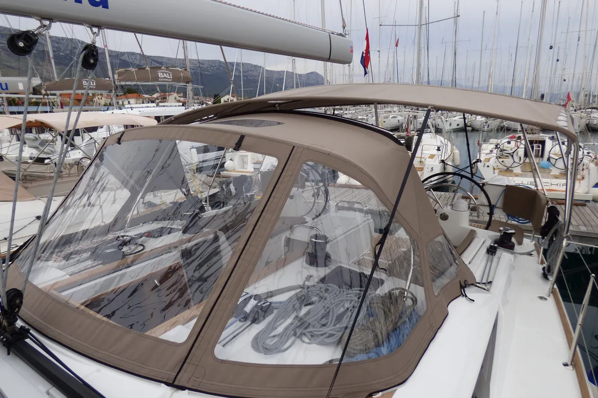 Deck of Geronimo, a Jeanneau Sun Odyssey 519 sailboat at Grad Kaštela, Croatia
