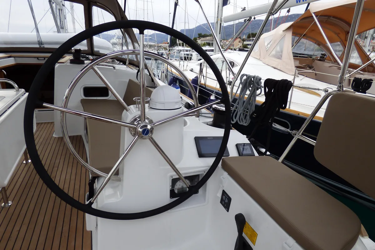 Cockpit of Geronimo, a Jeanneau Sun Odyssey 519 sailboat at Grad Kaštela, Croatia