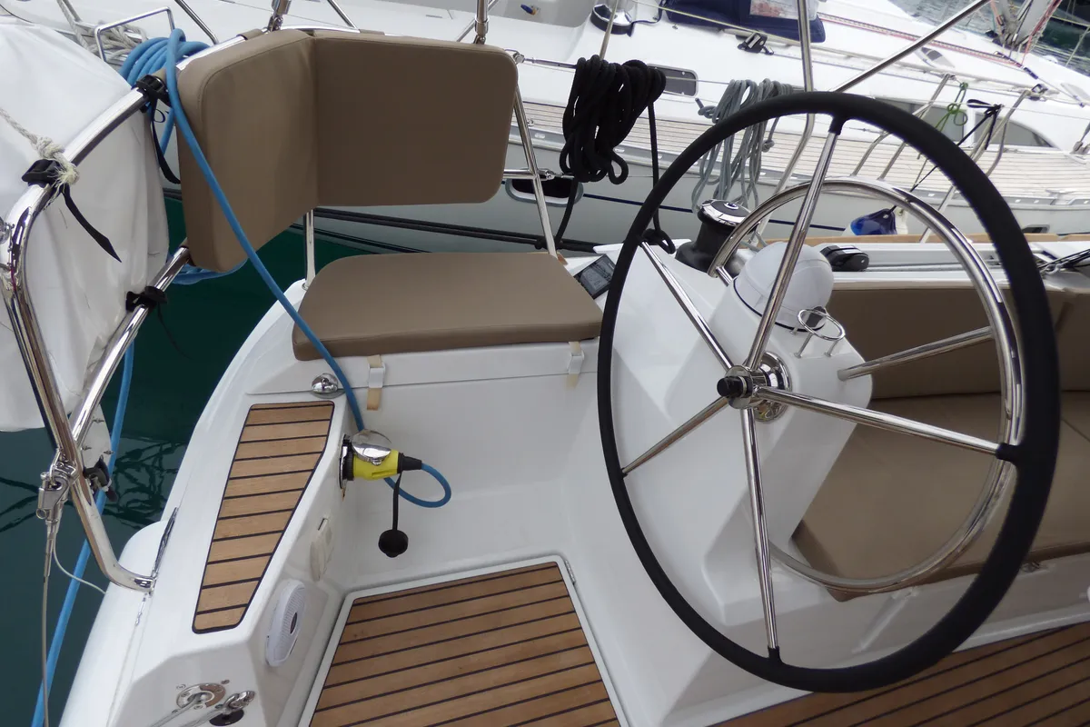 Cockpit of Geronimo, a Jeanneau Sun Odyssey 519 sailboat at Grad Kaštela, Croatia