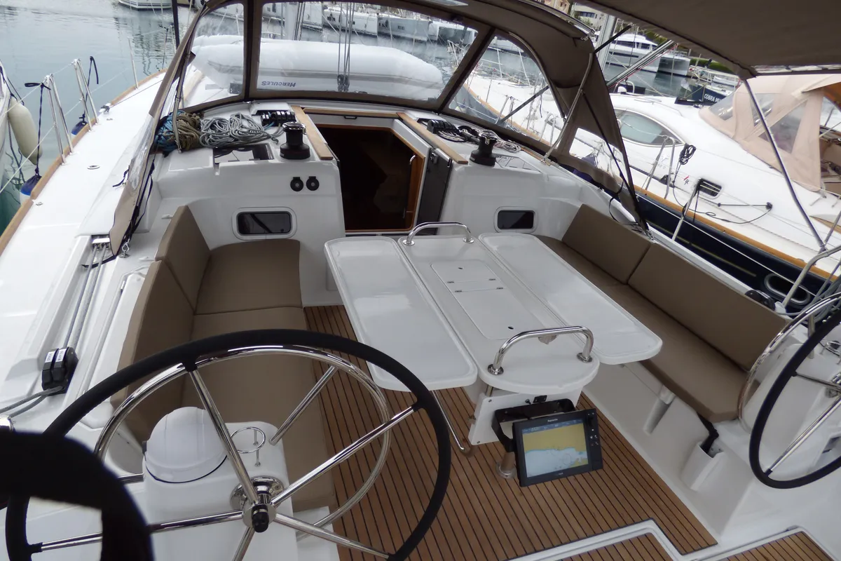 Cockpit of Geronimo, a Jeanneau Sun Odyssey 519 sailboat at Grad Kaštela, Croatia