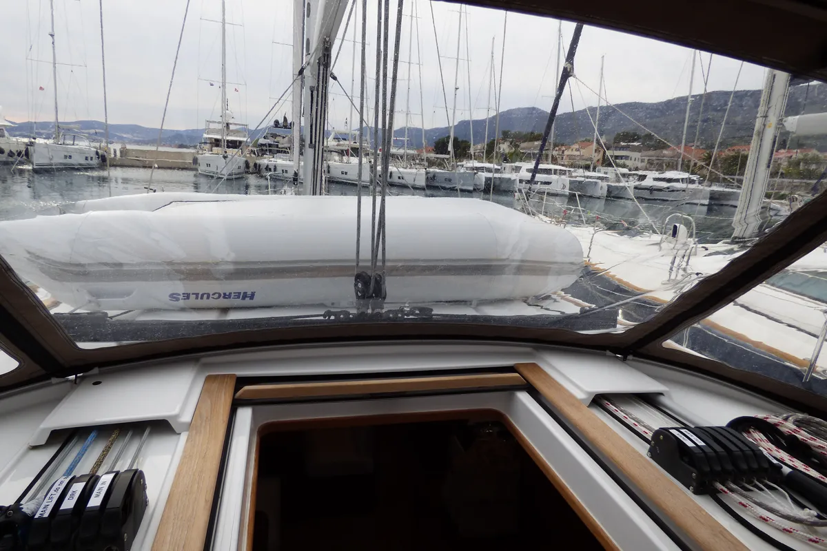 Cockpit of Geronimo, a Jeanneau Sun Odyssey 519 sailboat at Grad Kaštela, Croatia