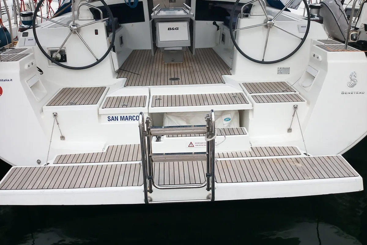 Cockpit of San Marco, a Beneteau Oceanis 48 sailboat at Procida, Italy