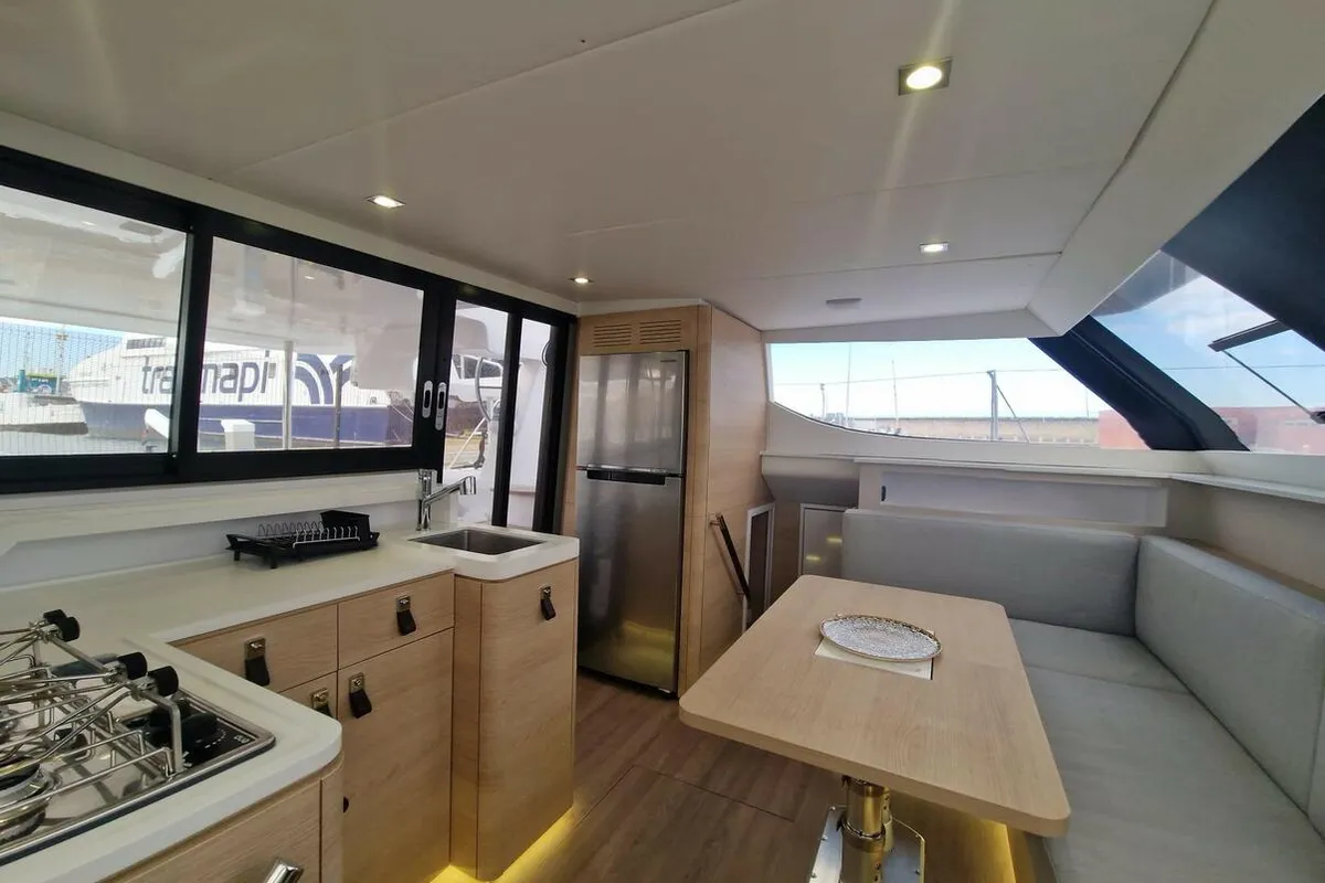 Salon of Wenny, a Aventura 37 catamaran at Sant Antoni de Portmany, Spain