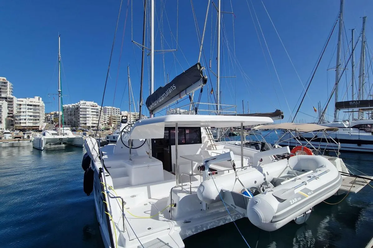 Exterior view of Wenny, a Aventura 37 catamaran at Sant Antoni de Portmany, Spain