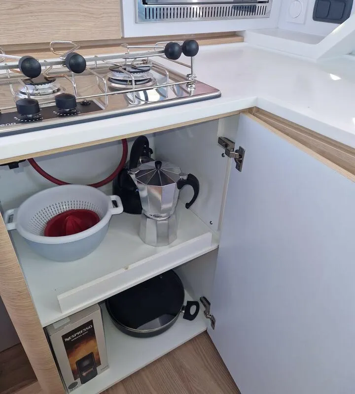 Galley of Wenny, a Aventura 37 catamaran at Sant Antoni de Portmany, Spain