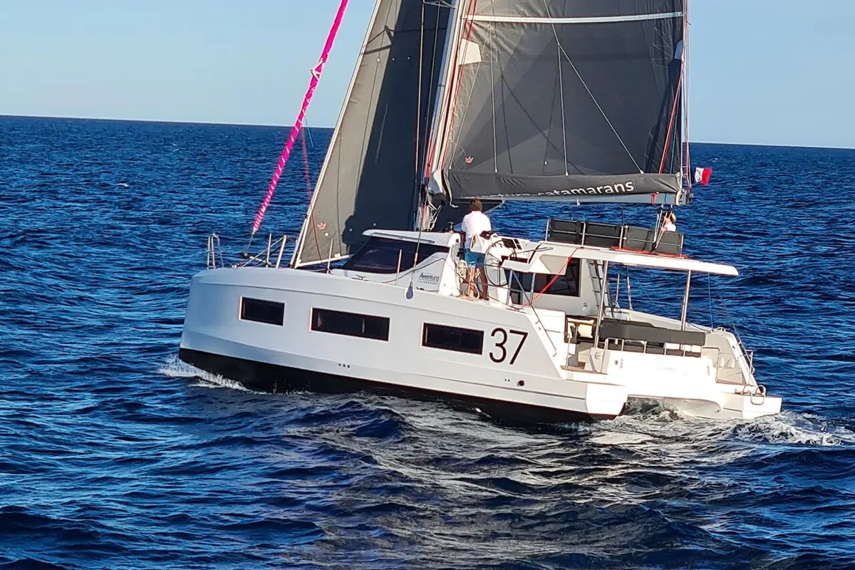 Exterior view of Wenny, a Aventura 37 catamaran at Sant Antoni de Portmany, Spain