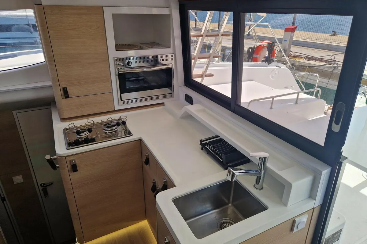 Galley of Wenny, a Aventura 37 catamaran at Sant Antoni de Portmany, Spain