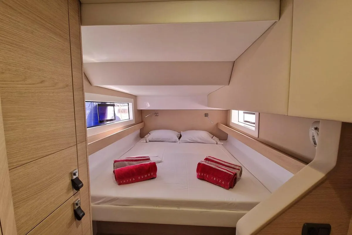 Cabin on Wenny, a Aventura 37 catamaran at Sant Antoni de Portmany, Spain
