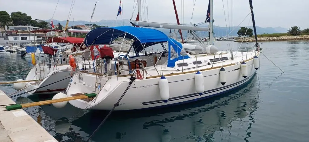 Exterior view of Hauraki, a Dufour 455 Grand Large sailboat at Split, Croatia