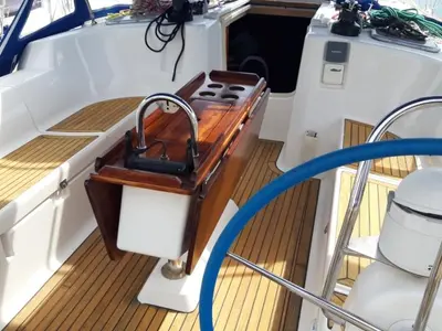 Cockpit of Hauraki, a Dufour 455 Grand Large sailboat at Split, Croatia