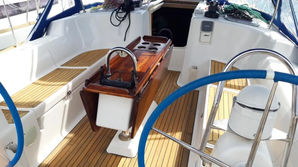 Cockpit of Hauraki, a Dufour 455 Grand Large sailboat at Split, Croatia