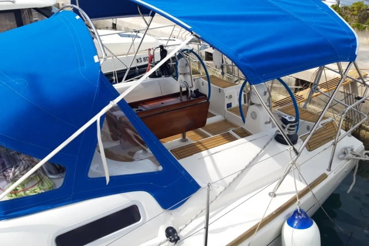 Cockpit of Hauraki, a Dufour 455 Grand Large sailboat at Split, Croatia